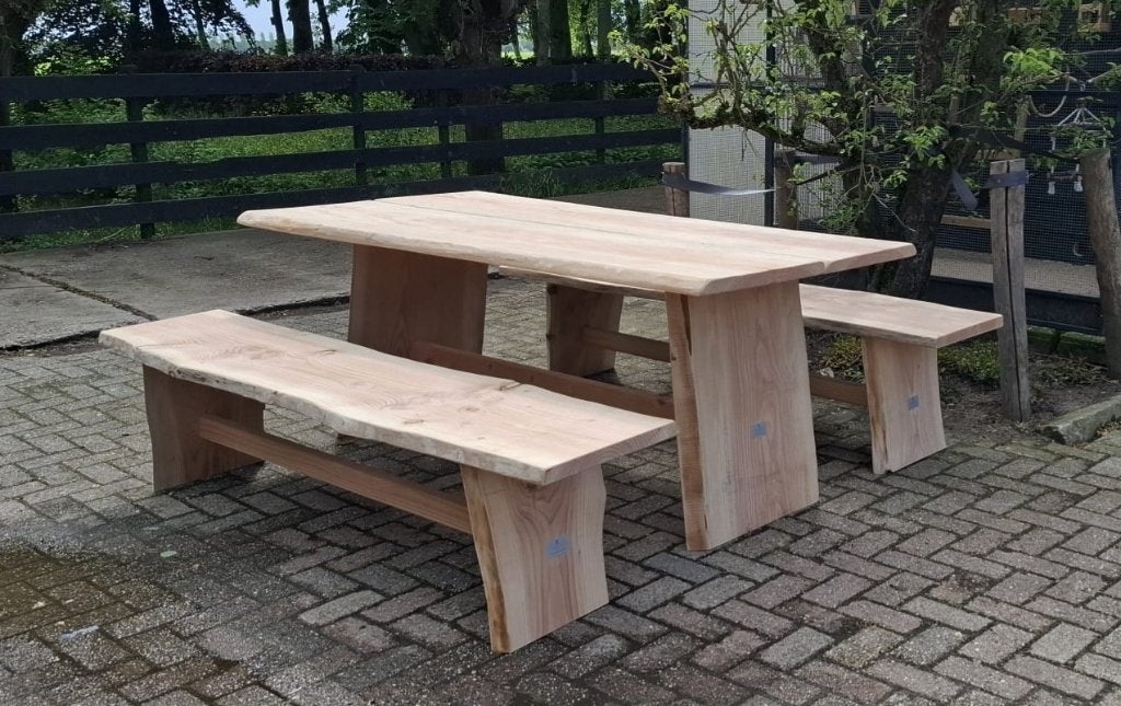 Tafel & bankjes schaaldelen Douglas - op maat gemaakt!, Ophalen, Nieuw, 8 zitplaatsen, Bank