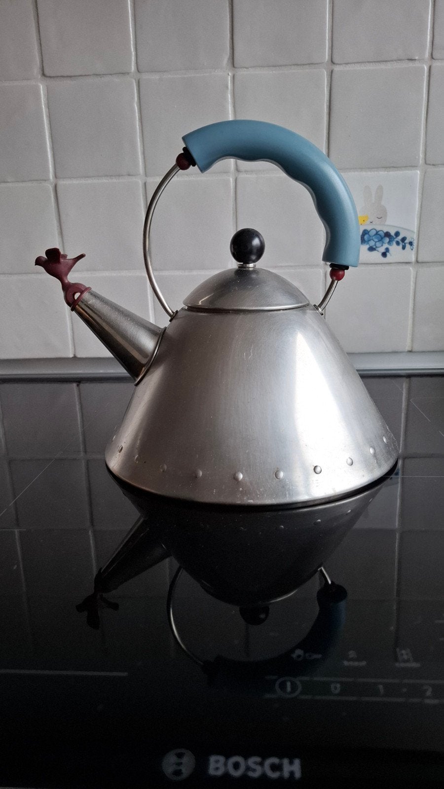 Alessi fluitketel met vogel, RVS, blauw handvat, Gebruikt, Zilver, Ophalen, Theepot/fluitketel