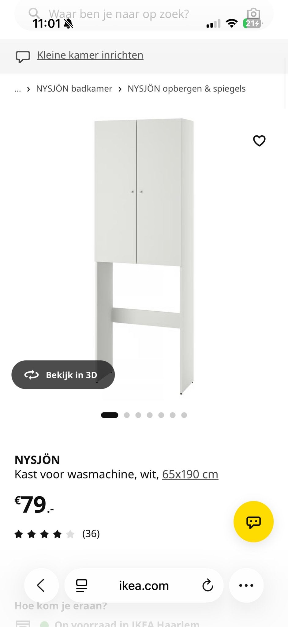 NYSJÖN Wasmachinekast wit, 65x190 cm, Ophalen, Zo goed als nieuw