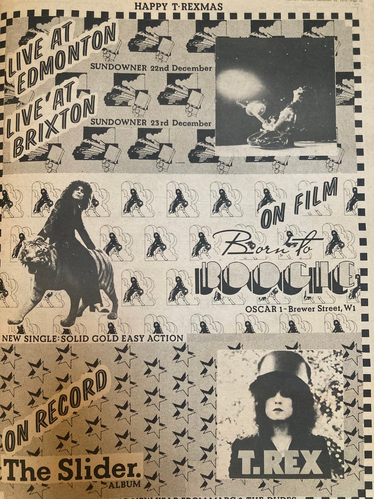 Paginagrote A3 advertentie MARC BOLAN T.REX Happy Christmas, Ophalen of Verzenden, Zo goed als nieuw, A1 t/m A3