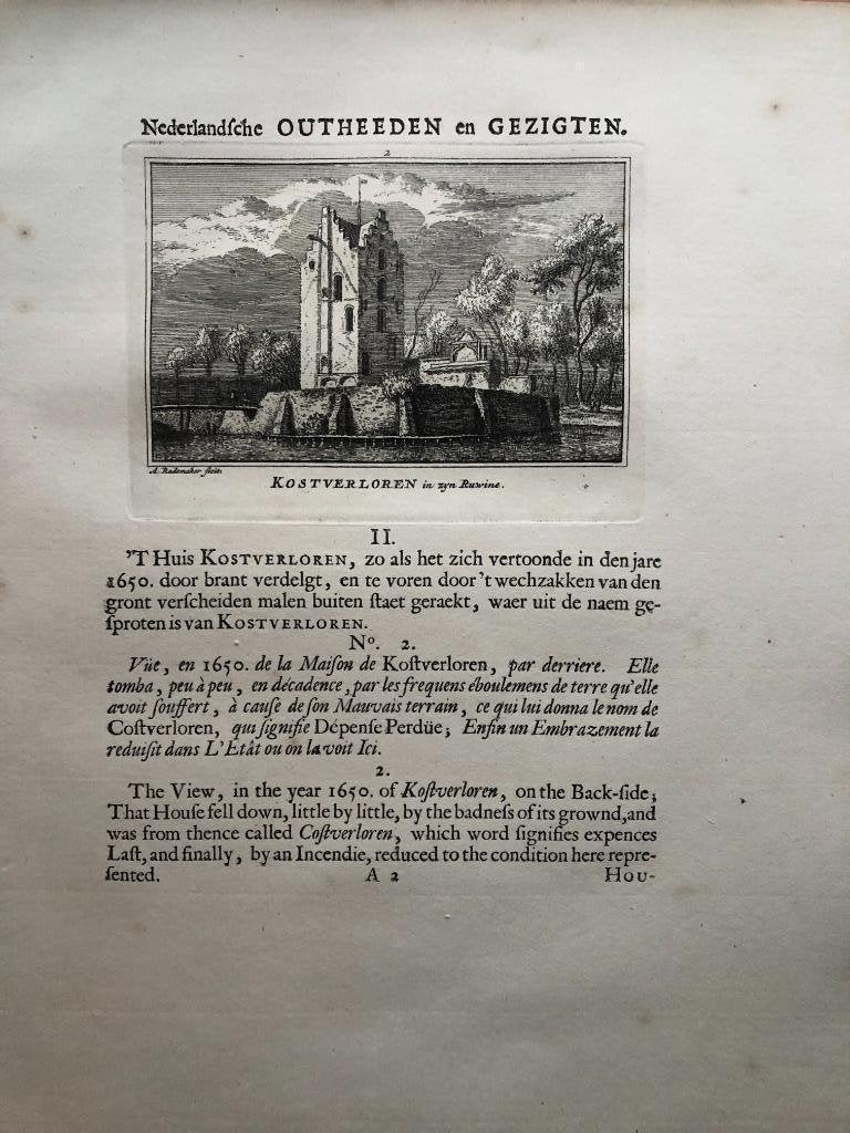 002 / Amsterdam Huis Kostverloren Kopergravure 1725, Antiek en Kunst, Kunst | Etsen en Gravures, Ophalen of Verzenden