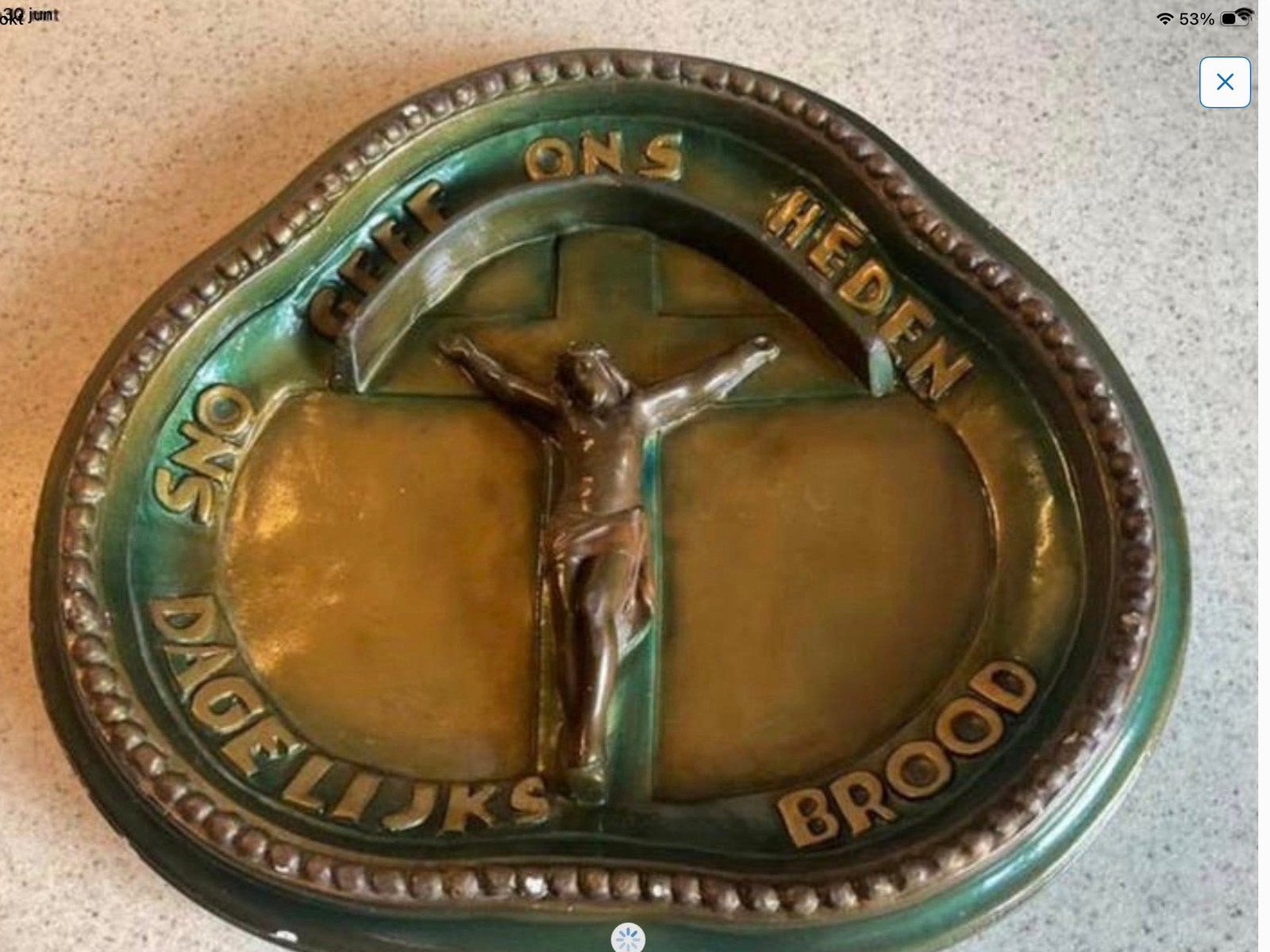 Vintage religieus wandbord met kruisbeels, Ophalen of Verzenden