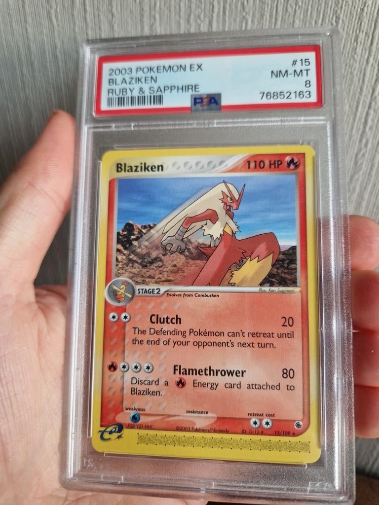 Blaziken Pokémon kaart 2003 EX Ruby & Sapphire PSA 8, Ophalen of Verzenden, Zo goed als nieuw, Losse kaart