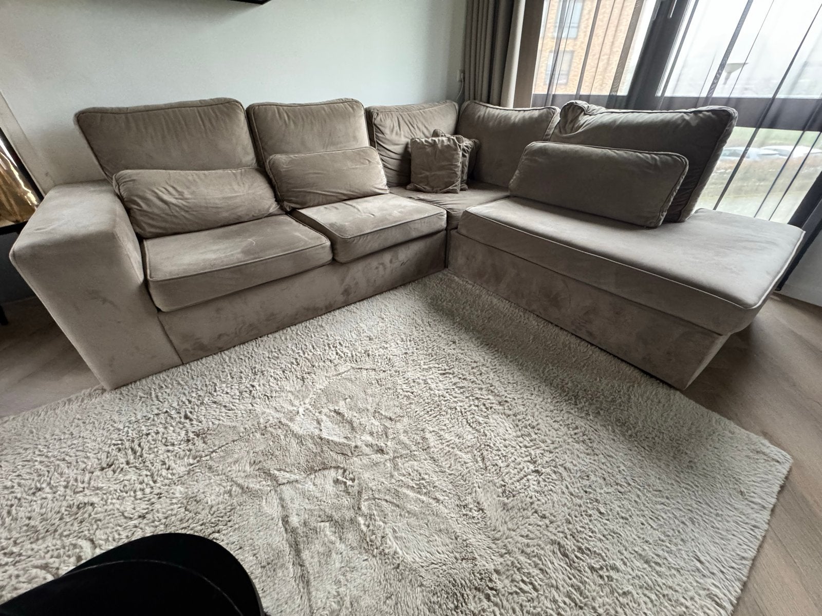 Hoekbank velvet champagne 226x228cm, Ophalen, Gebruikt, Stof