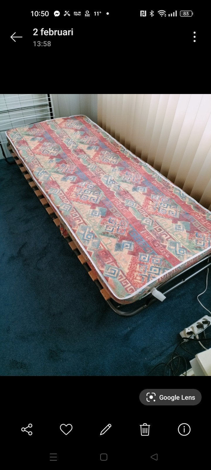 Opvouwbaar stretcherbed met matras en lattenbodem, Ophalen, Opvouwbaar, Gebruikt, 190 cm of minder