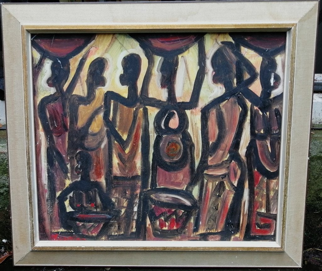 Jespers '"" African scene "" olieverf op paneel, Verzenden