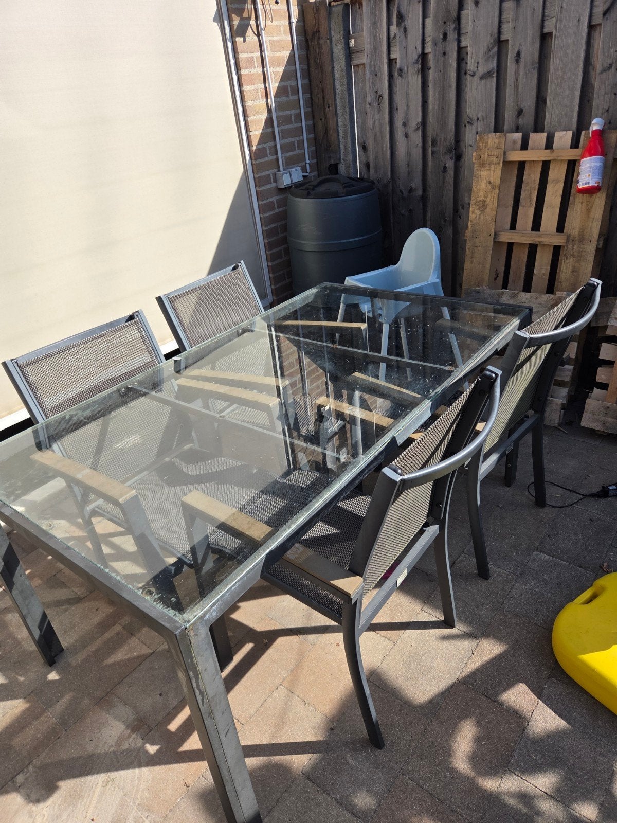 Bois Le Duc tuinset met glazen tafel en 4 stoelen, Ophalen, Gebruikt, 6 zitplaatsen, Aluminium
