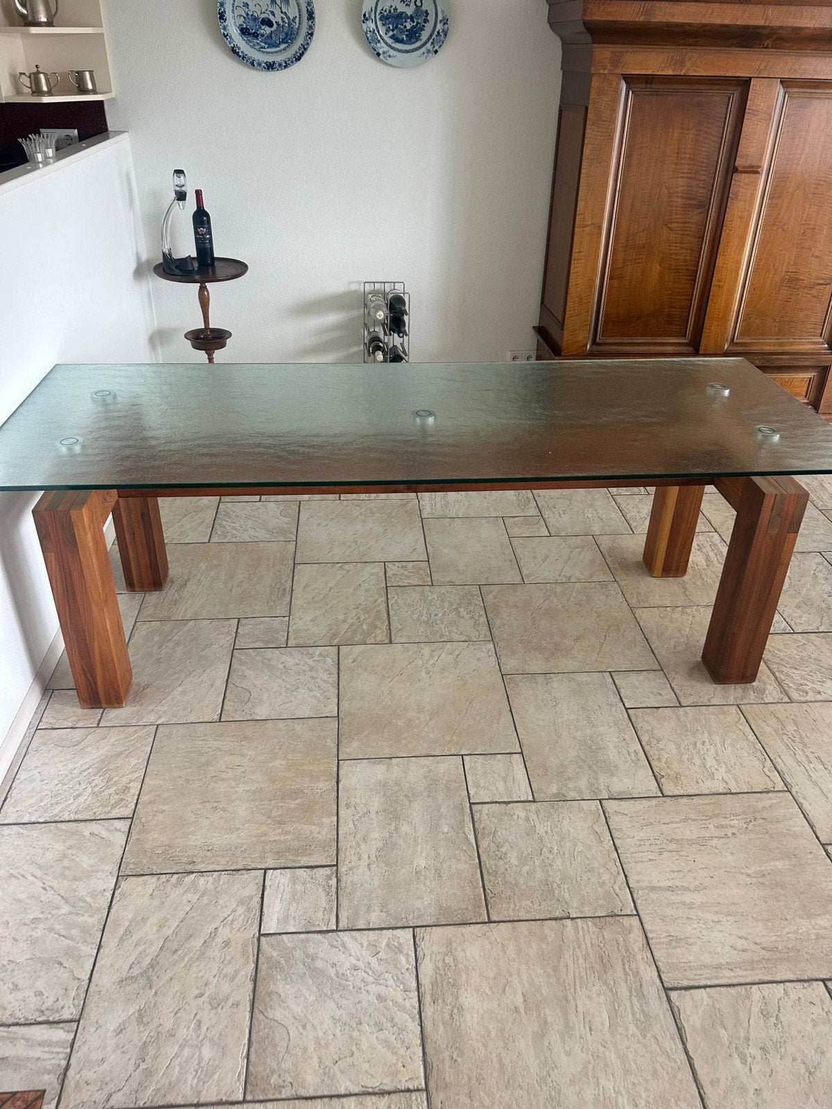 Glazen eettafel met houten onderstel, Ophalen of Verzenden, Zo goed als nieuw, Rechthoekig, 50 tot 100 cm