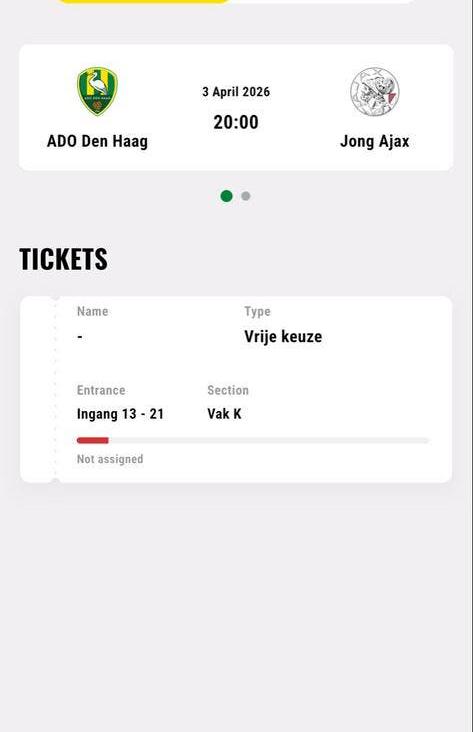Ticket te koop! ADO den haag vs Jong ajax, Tickets en Kaartjes, Eén persoon, April
