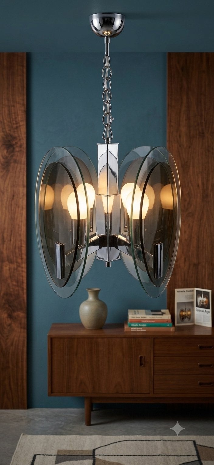 Veca Lampadario Space Age Hanglamp - Glas & Chroom, Ophalen of Verzenden, Zo goed als nieuw, Glas