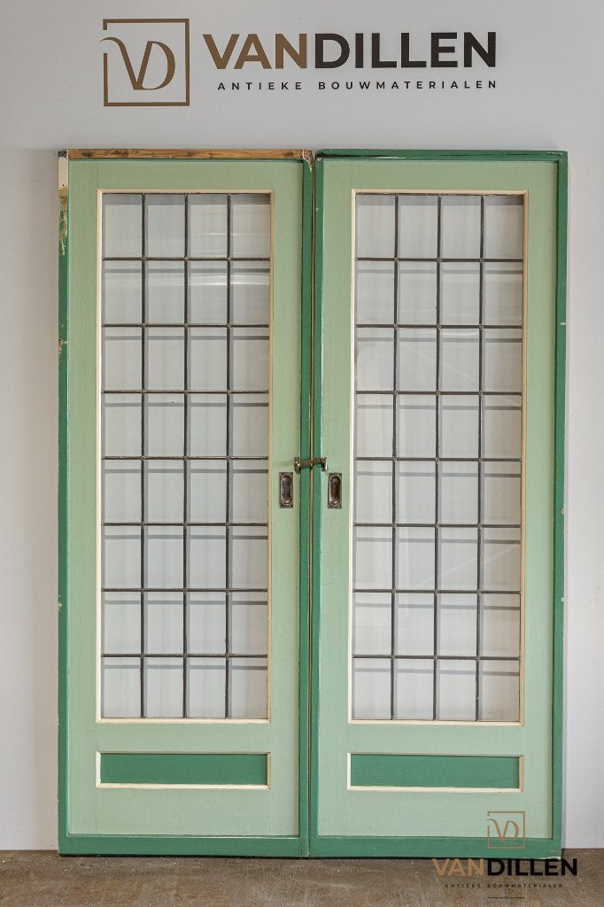 Antieke ensuite/schuifdeuren glas in lood + sluiting