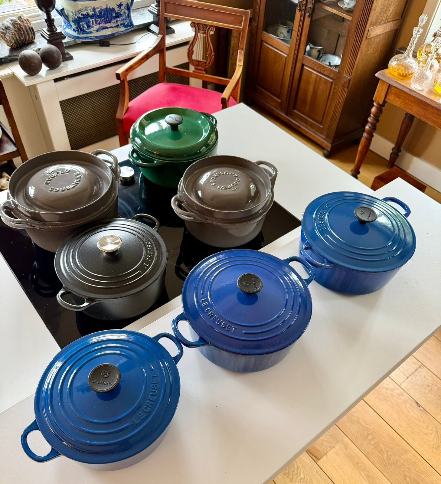 Vintage set gietijzer pannen – Le Creuset, Cousances & Nomar, Huis en Inrichting, Keuken | Potten en Pannen, Ophalen, Gebruikt