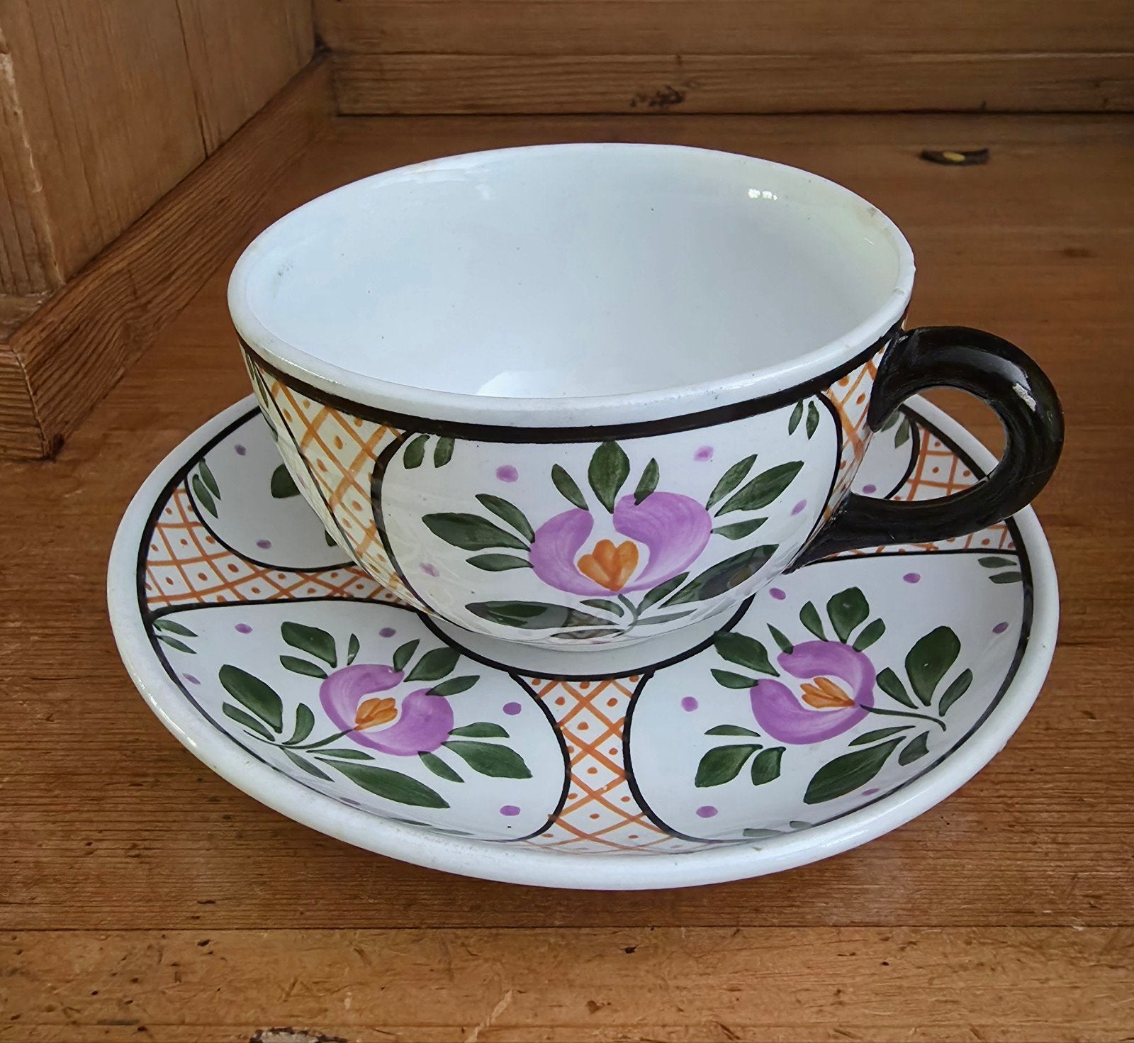 Oud boerenbont chocoladekop met schotel, Ophalen of Verzenden