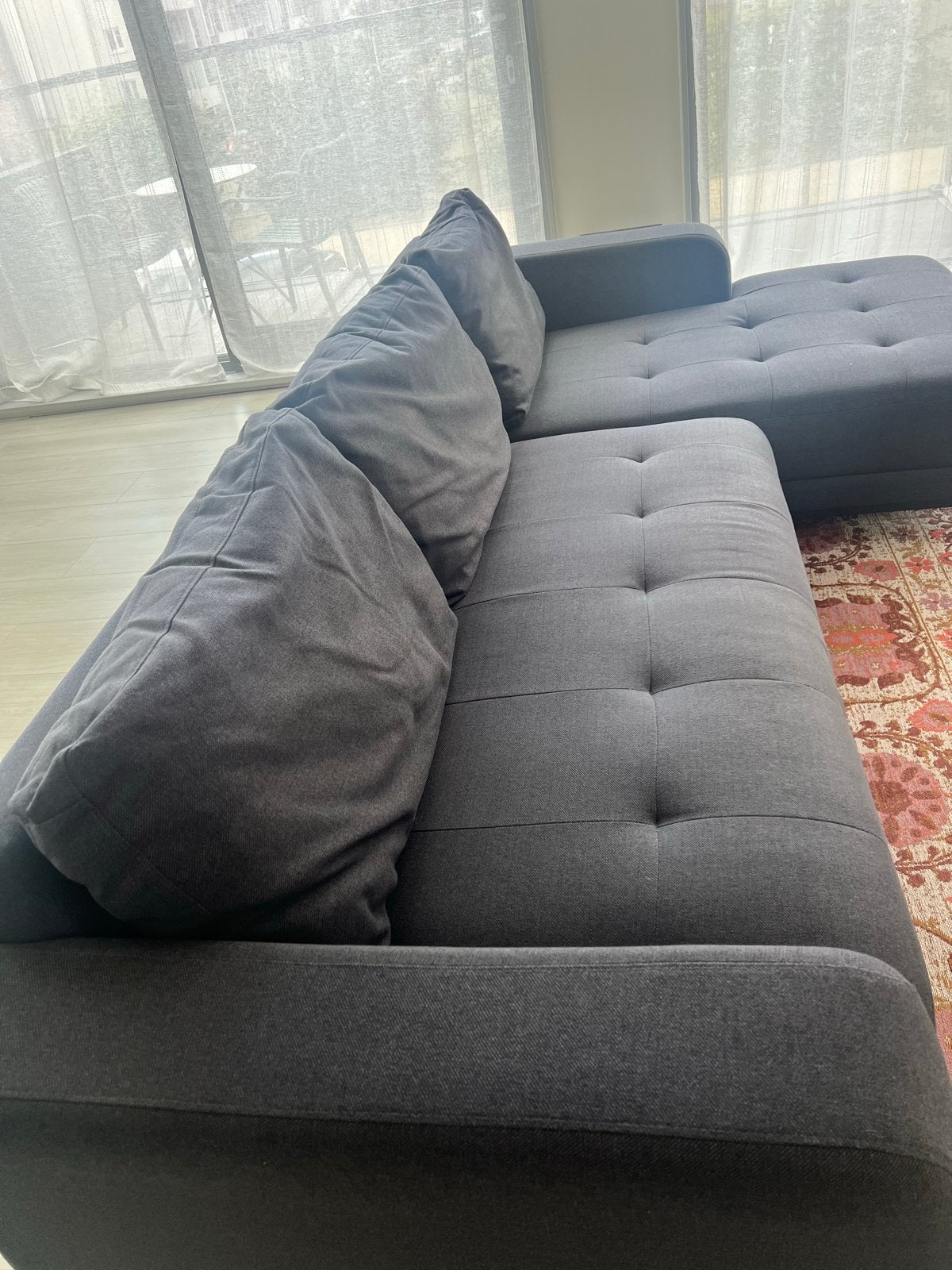 GRATIS MADE donkergrijze hoekbank met chaise longue., Ophalen, 250 tot 300 cm, Gebruikt, Hoekbank