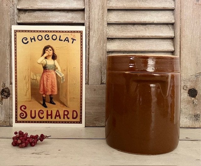 Vintage Franse grès pot olijven pot met deksel bruin glazuur, Ophalen of Verzenden
