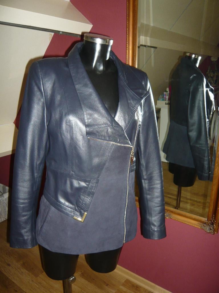 Blauw leer met suede jack jas mt 36-38 (nieuw €350), Modena leather & Fur, Blauw, Ophalen of Verzenden, Zo goed als nieuw