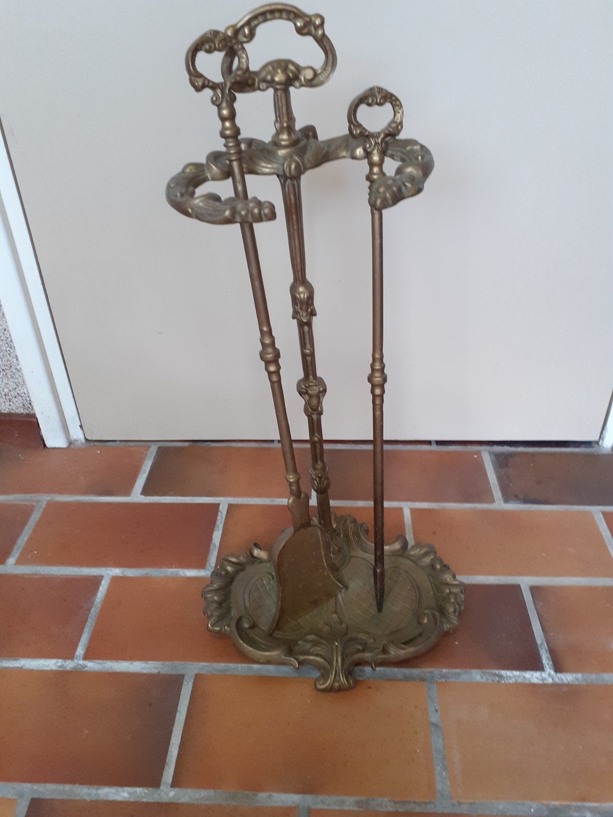 Antieke messing haardstel met schep en pook, Antiek en Kunst, Ophalen of Verzenden