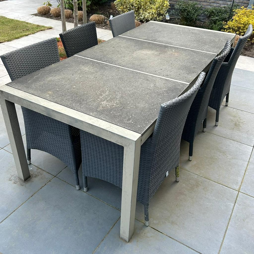 Aluminium 6-persoons tuintafel met stenen blad, Ophalen of Verzenden, Gebruikt, Rechthoekig, Aluminium