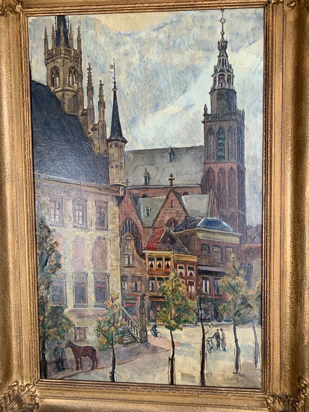 Stadsgezicht Gouda - Olieverfschilderij J. Visser, Antiek en Kunst, Ophalen, Doek, Realistisch, Gesigneerd