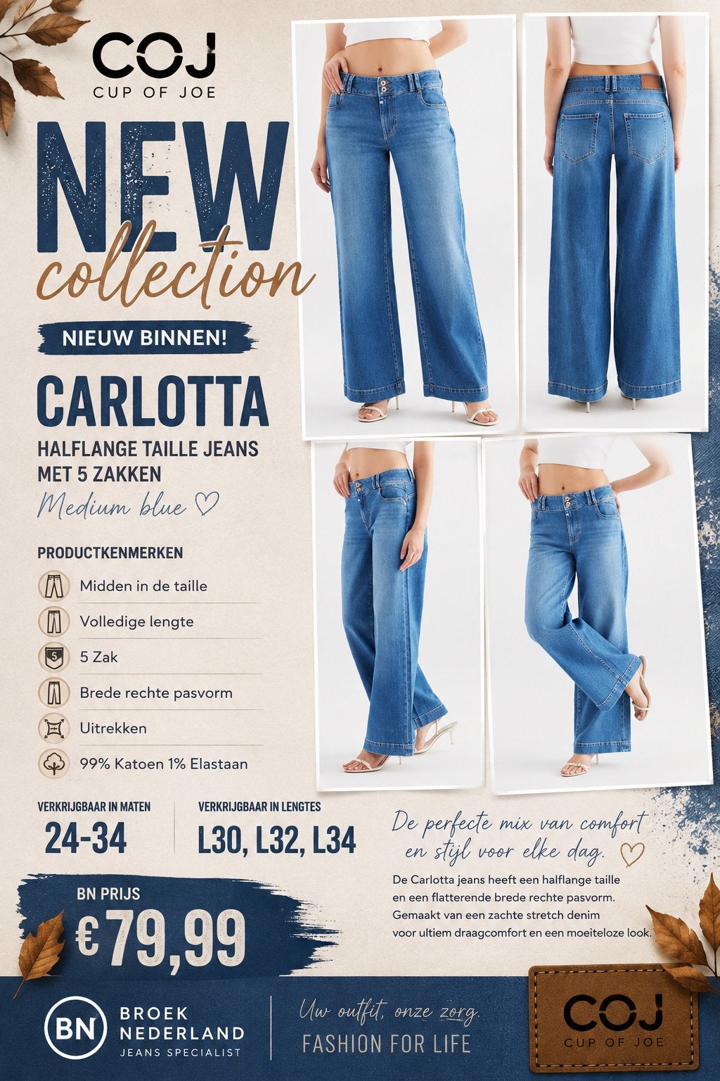COJ Carlotta Mid Waist Wide Straight Fit Jeans Medium Blue, Blauw, Nieuw, Ophalen of Verzenden, Maat 34 (XS) of kleiner