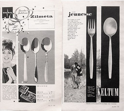 14 vintage advertenties reclames servies bestek pannen 62-80, Ophalen of Verzenden, Gebruikt, Reclamebord