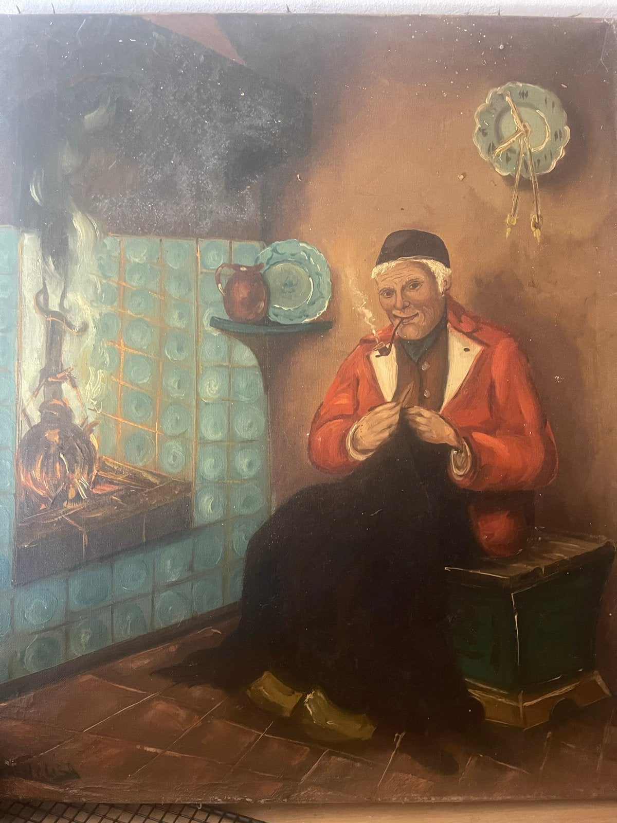 Oud Hollands schilderij: Pijprokende man bij haard, Ophalen, Doek, Portret of Personen, Oud hollands