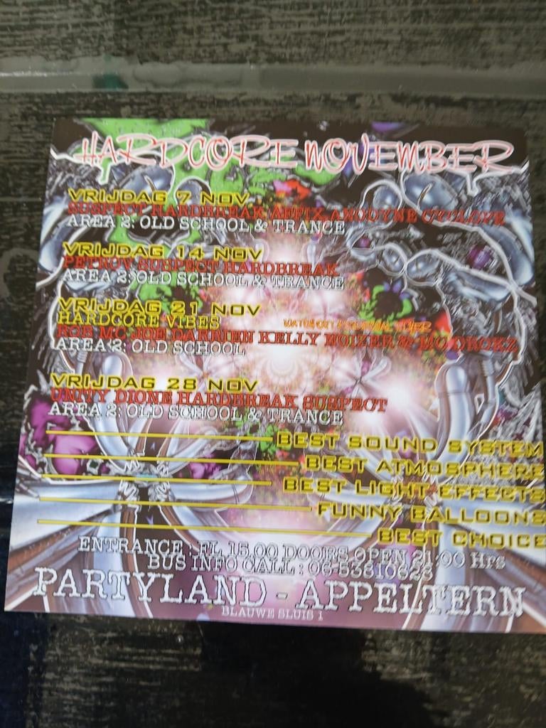 Flyer partyland appelltern hardcore oldschool trance, Verzamelen, Gebruikt, A4 of kleiner, Vierkant, Ophalen of Verzenden
