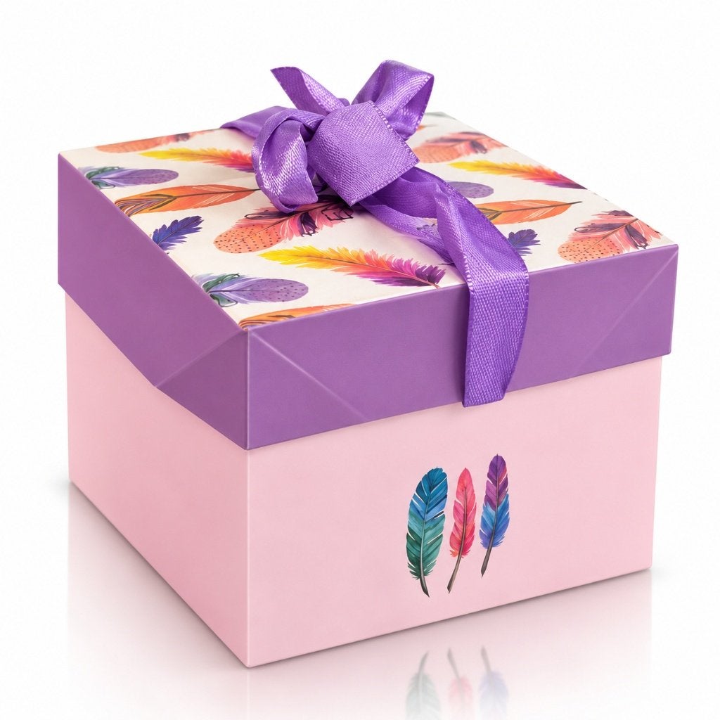 Partij roze geschenkdozen  met veren print 10,5x10,5cm