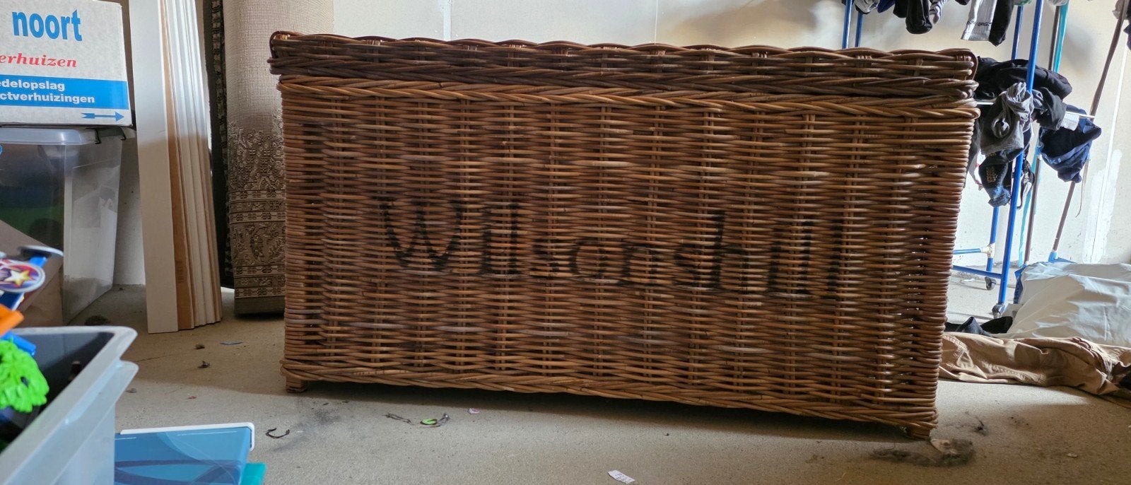 2 Grote rieten wasmand met deksel en linnen voering, Overige materialen, Gebruikt, 100 tot 150 cm, 50 tot 75 cm