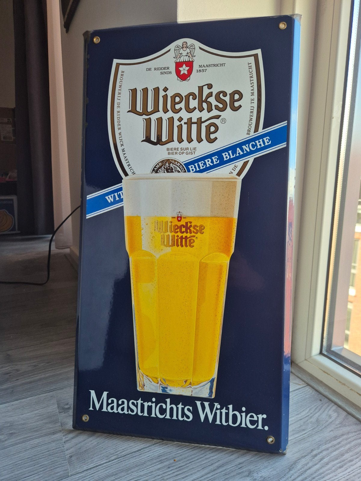 Emaille bord wieckse witte, Ophalen of Verzenden, Zo goed als nieuw, Reclamebord