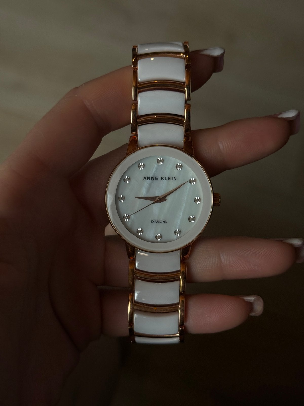 Anne Klein Diamond Ceramic Women's Watch (Rose Gold / White), Ophalen, Zo goed als nieuw, Overige merken