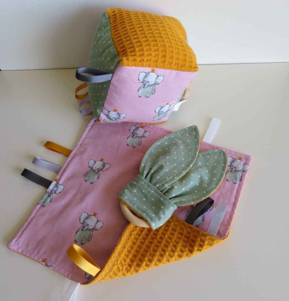 olifant - speelkubus, labeldoekje en bijtring, Kinderen en Baby's, Ophalen of Verzenden, Nieuw, Kraamcadeau