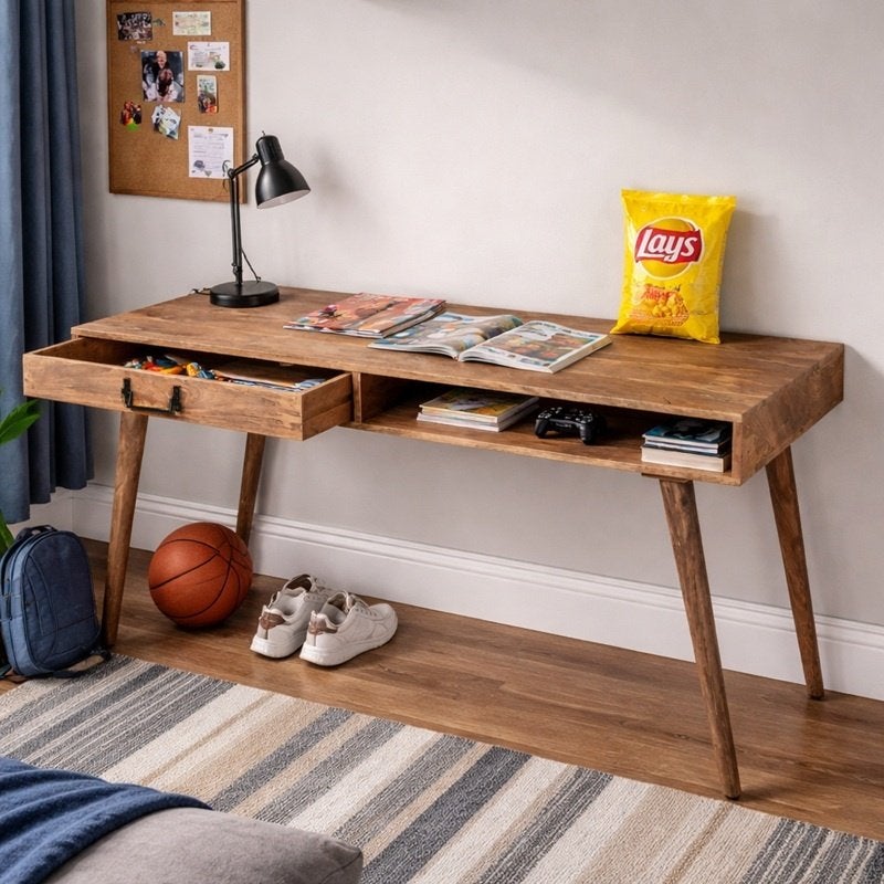 Retro Vintage Mangohouten Bureau Industrieel Mango Buro, 160 cm, Info@dehanzeherten.nl, De Hanze Herten BV, Ophalen of Verzenden