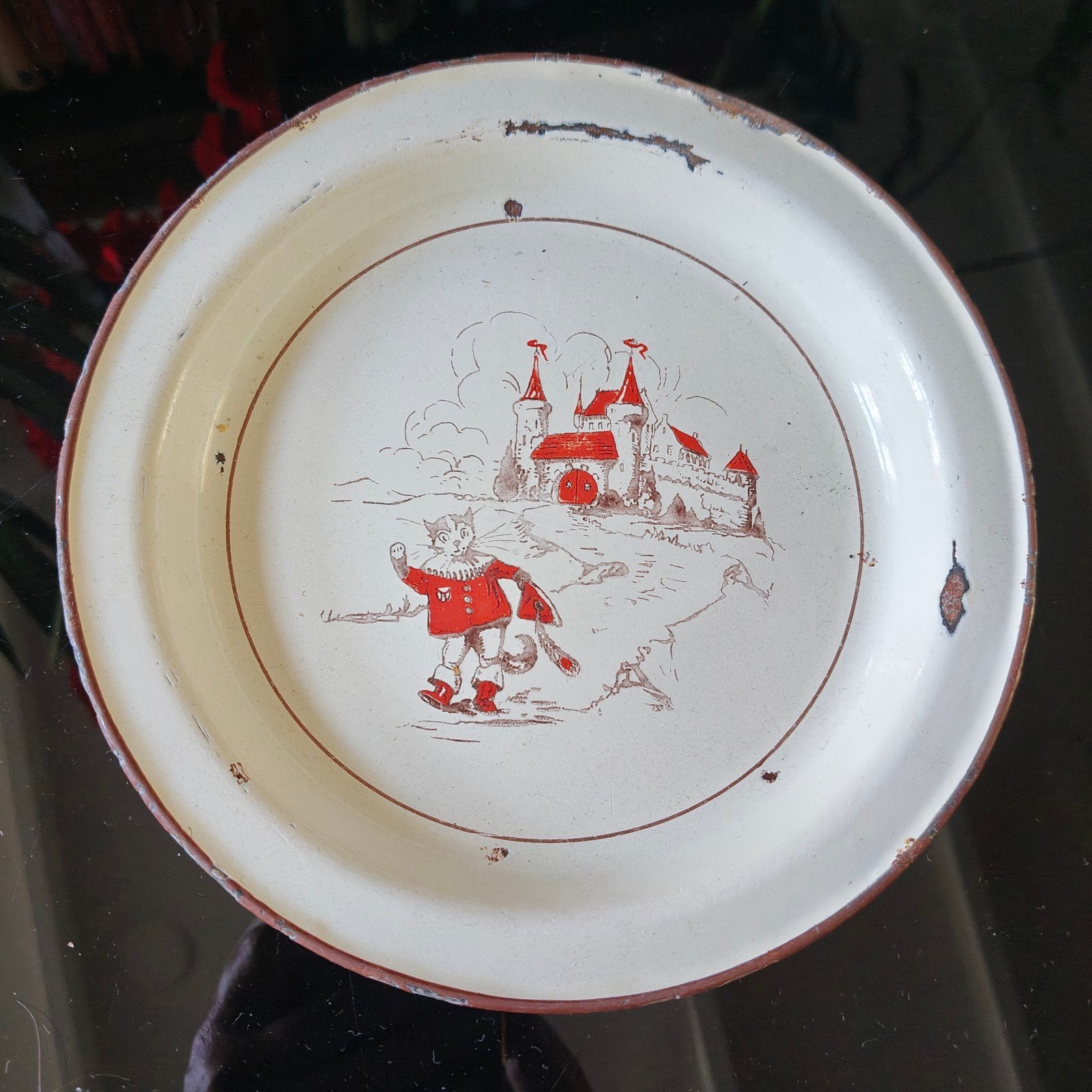 Vintage geëmailleerd bordje met De gelaarsde kat sprookjesaf, Ophalen of Verzenden