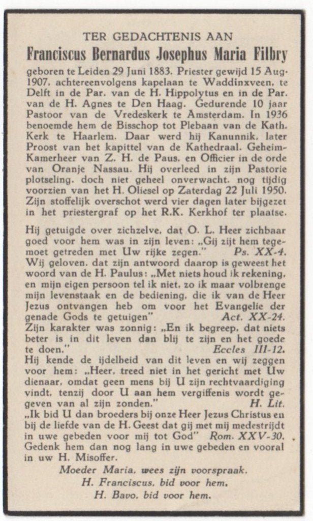 pastoor Franciscus Filbry 1883 Leiden + 1950 Haarlem, 67 jr, Verzamelen, Bidprentjes en Rouwkaarten, Ophalen of Verzenden