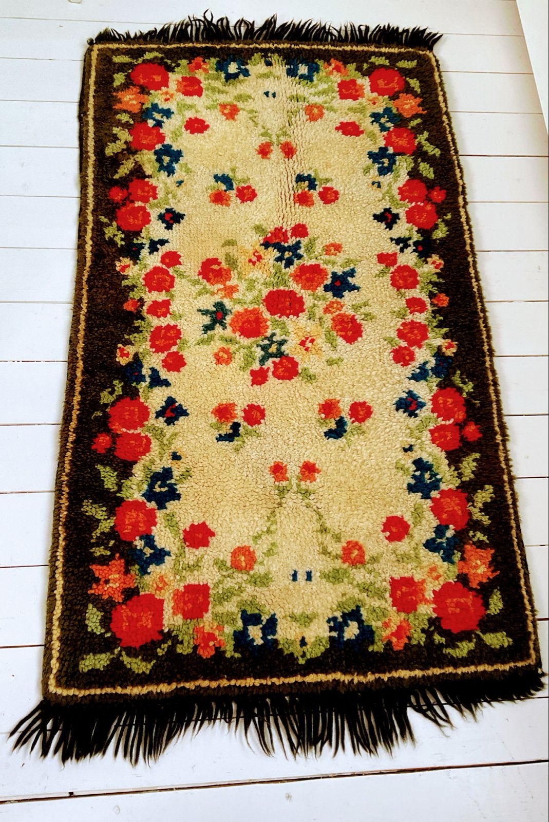 Vintage Vloerkleed met Bloemmotief, Gebruikt, 100 tot 150 cm, Crème, Rechthoekig