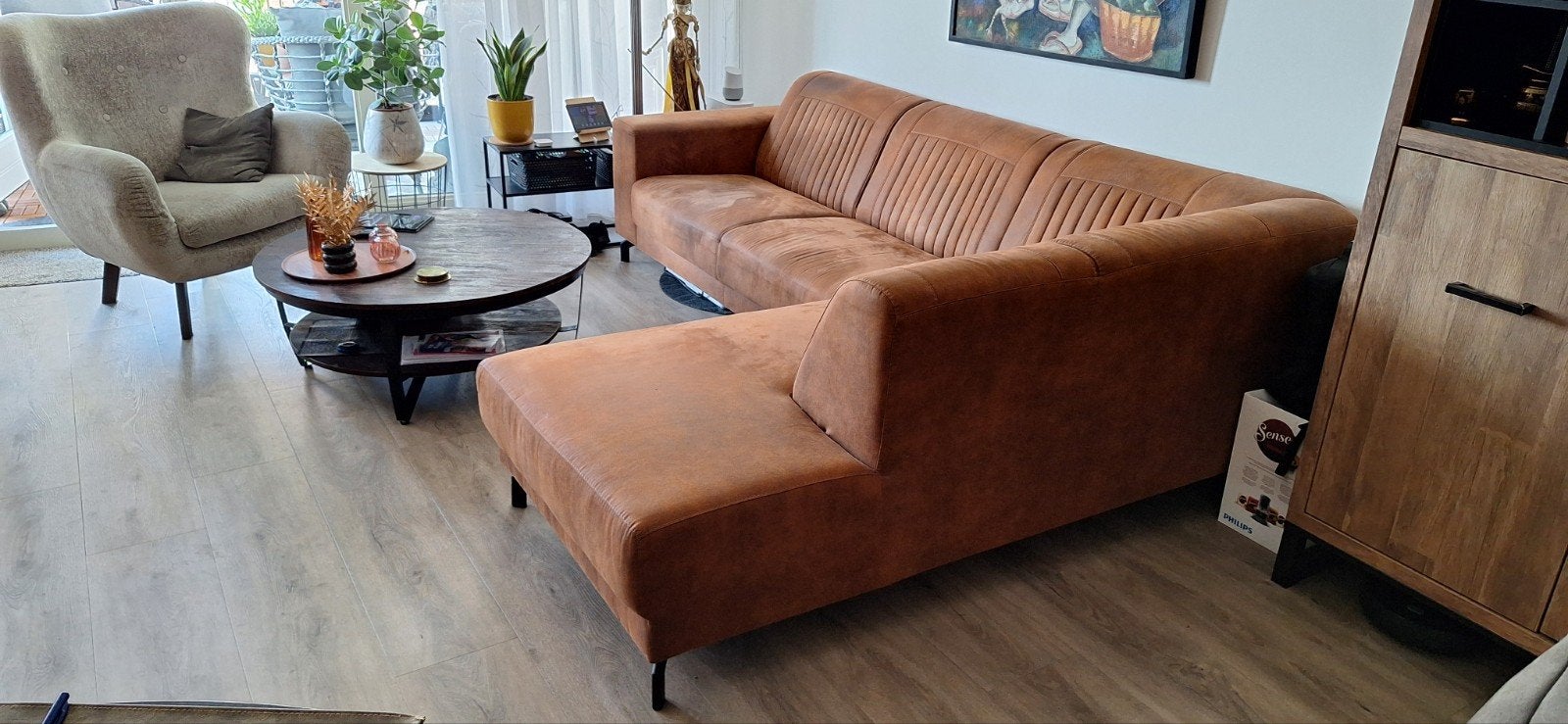 Hoekbank (kleur cognacbruin)., Ophalen, 250 tot 300 cm, Gebruikt, Hoekbank
