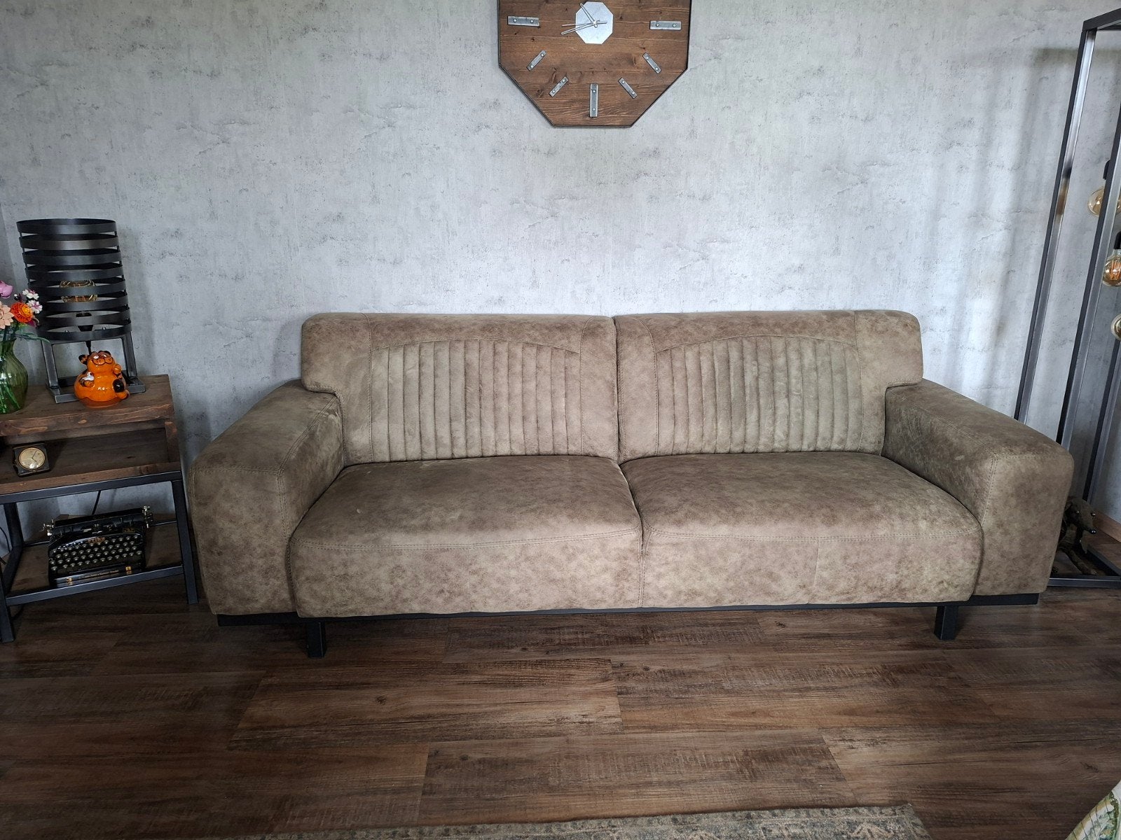 Groen bruine Nubuck Bank - 235x95x82 cm, Ophalen, Overige materialen, Gebruikt, Driepersoons
