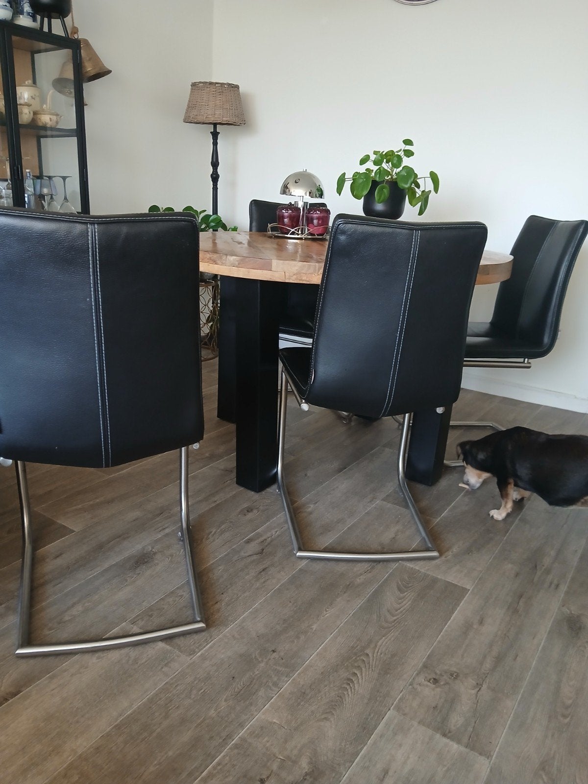 Zwarte eetkamerstoelen met metalen onderstel, Gebruikt, Zwart, Ophalen of Verzenden, Vier