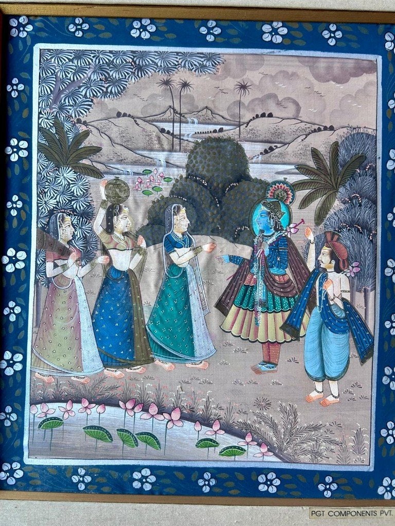 Vintage Indiase Miniatuur Schilderij Krishna met Gopi's, Minder dan 50 cm, Gebruikt, Ophalen of Verzenden, Schilderij
