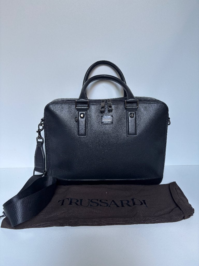 TRUSSARDI Zwart leer laptop travel bag tas, Ophalen of Verzenden, Zo goed als nieuw, Zwart, Handtas