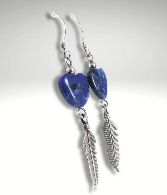 Mooie 925 zilveren LAPIS LAZULI hart en veer oorbellen!, Hangers, Verzenden, Zo goed als nieuw, X