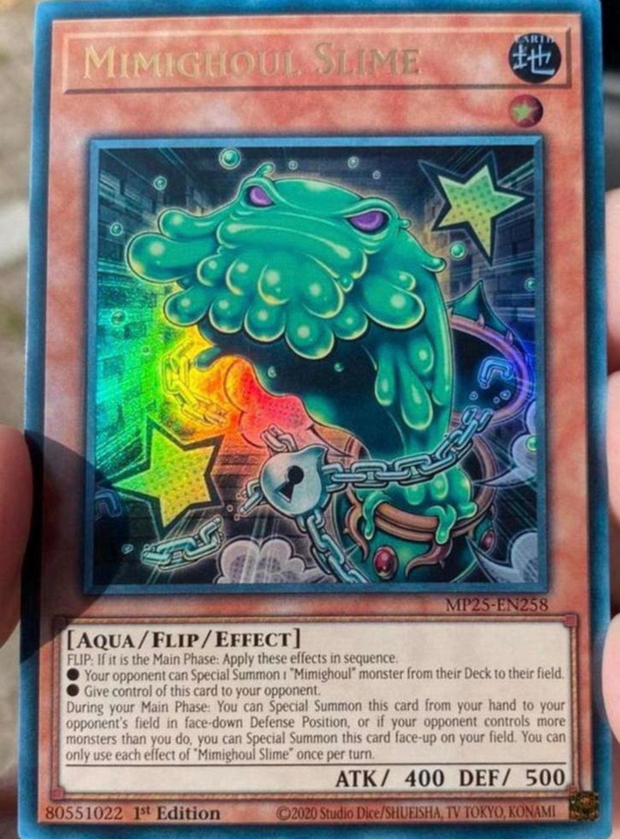 Yu-Gi-Oh! Mimighoul Slime MP25 1st Edition Tin Promo !, Ophalen of Verzenden, Zo goed als nieuw, Losse kaart, Foil