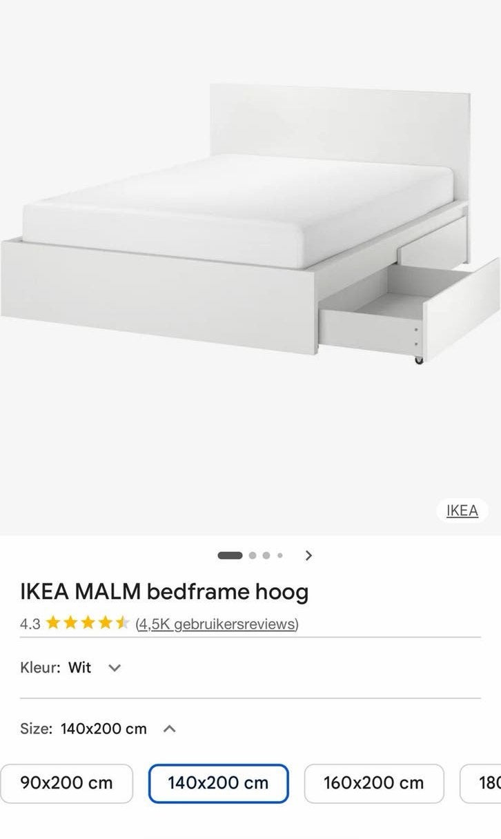 IKEA MALM bedframe hoog 140x200cm, 4 lades incl lattenbodem, Ophalen, Gebruikt, Wit, Tweepersoons