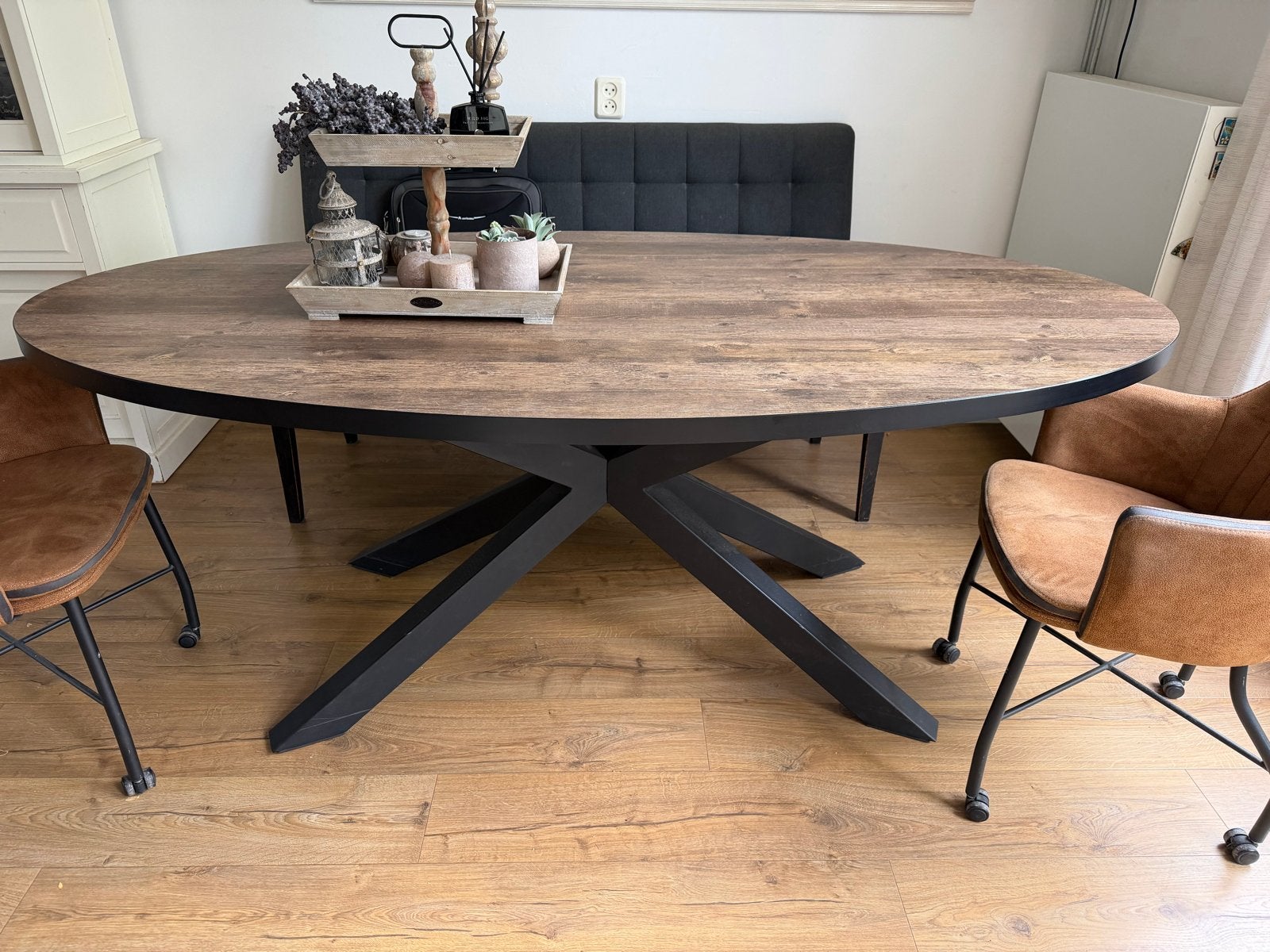 Ovale eettafel 200x100 met spinpoot - Melamine blad, Ophalen, Kunststof, Gebruikt, 50 tot 100 cm