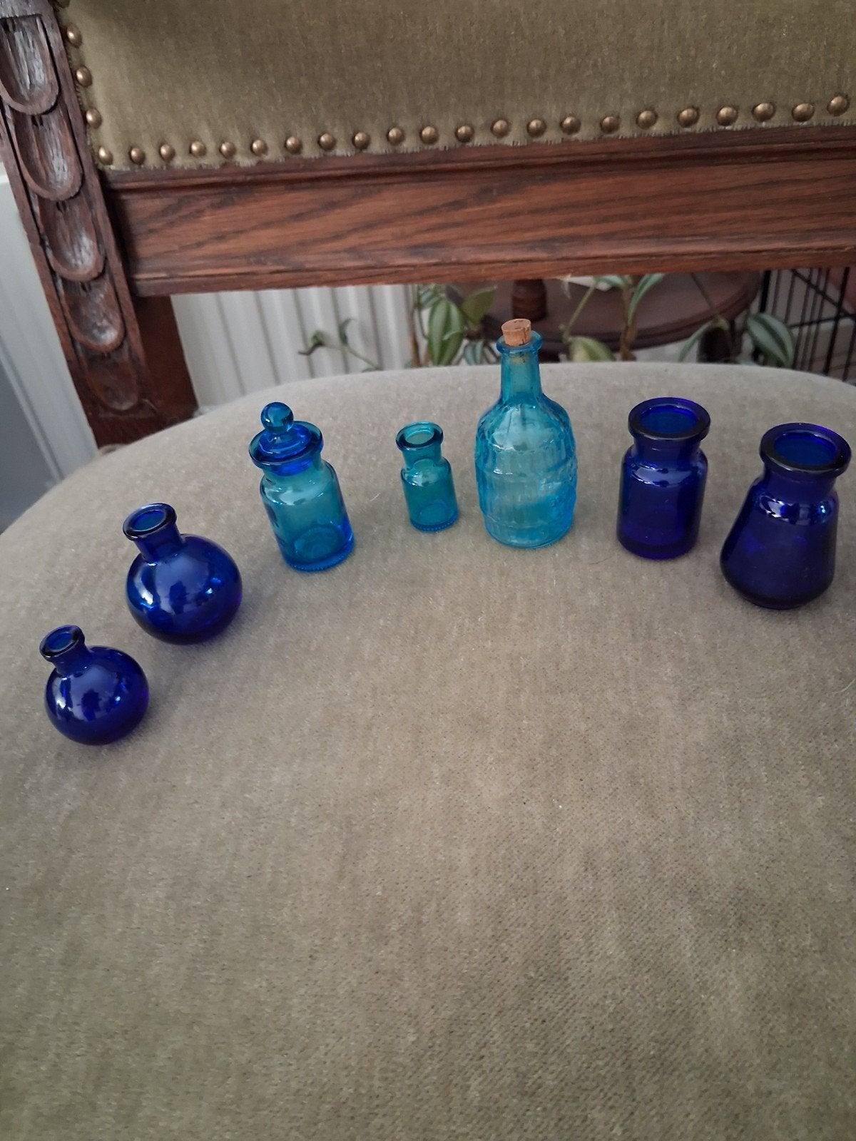 Set van 7 vintage blauwe en turquoise glazen flesjes, Antiek en Kunst, Ophalen of Verzenden