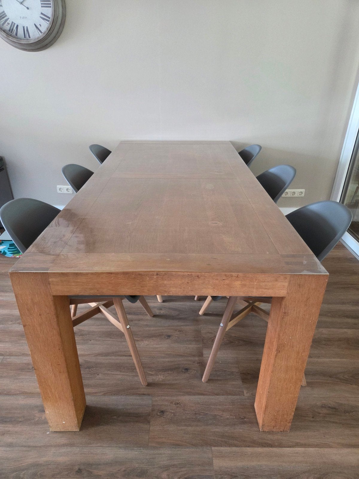 Eikenhouten eettafel 220x100x79 cm met op maat gemaakt zeil, Huis en Inrichting, Ophalen, Gebruikt, 100 tot 150 cm, Eikenhout