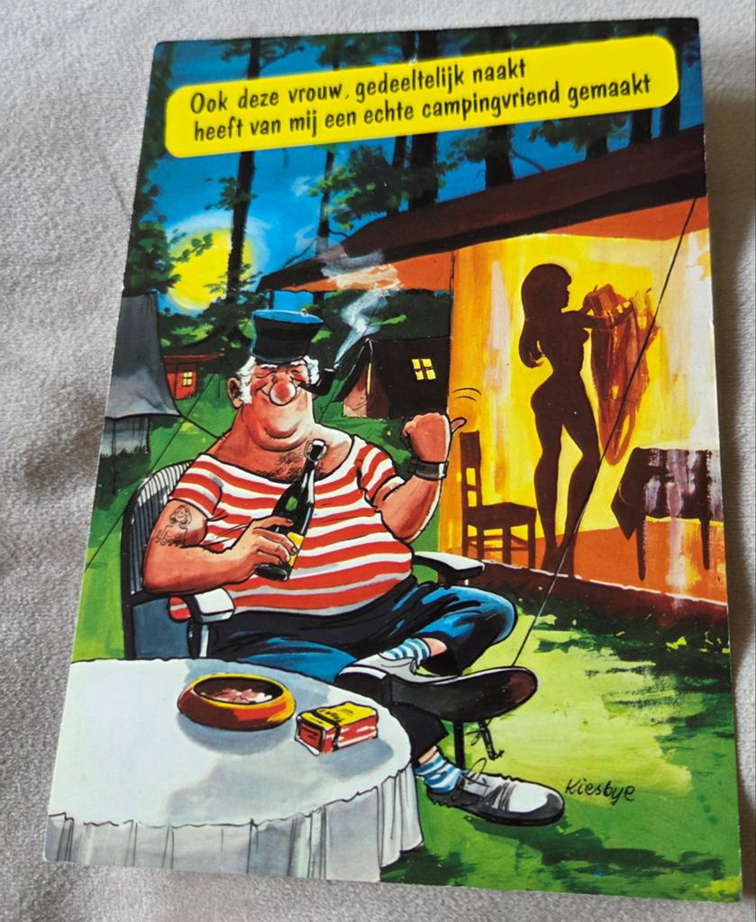 Man op camping kijkt naar schaduw naakte vrouw, Verzamelen, Verzenden, Gelopen, Overige thema's