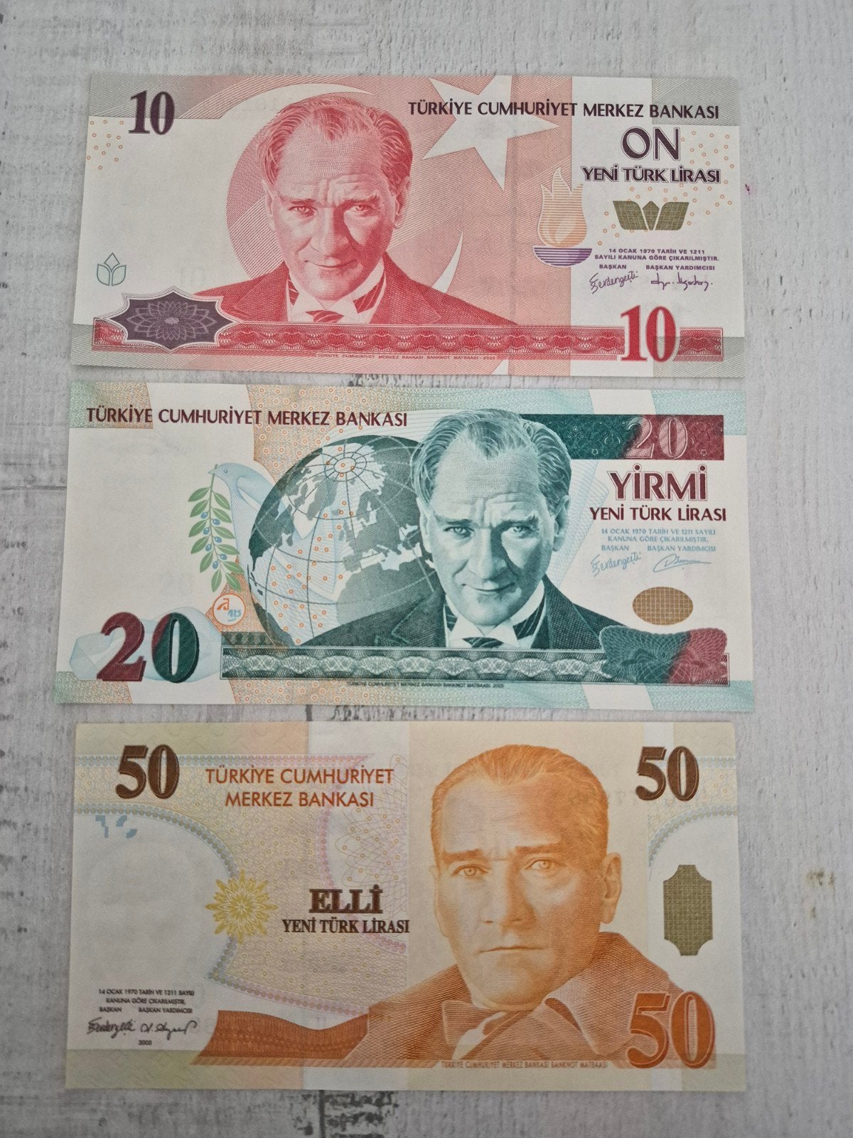 Set van 3 Turkse Lira bankbiljetten: 10, 20 en 50 Lira, Ophalen of Verzenden, Overige landen, Setje