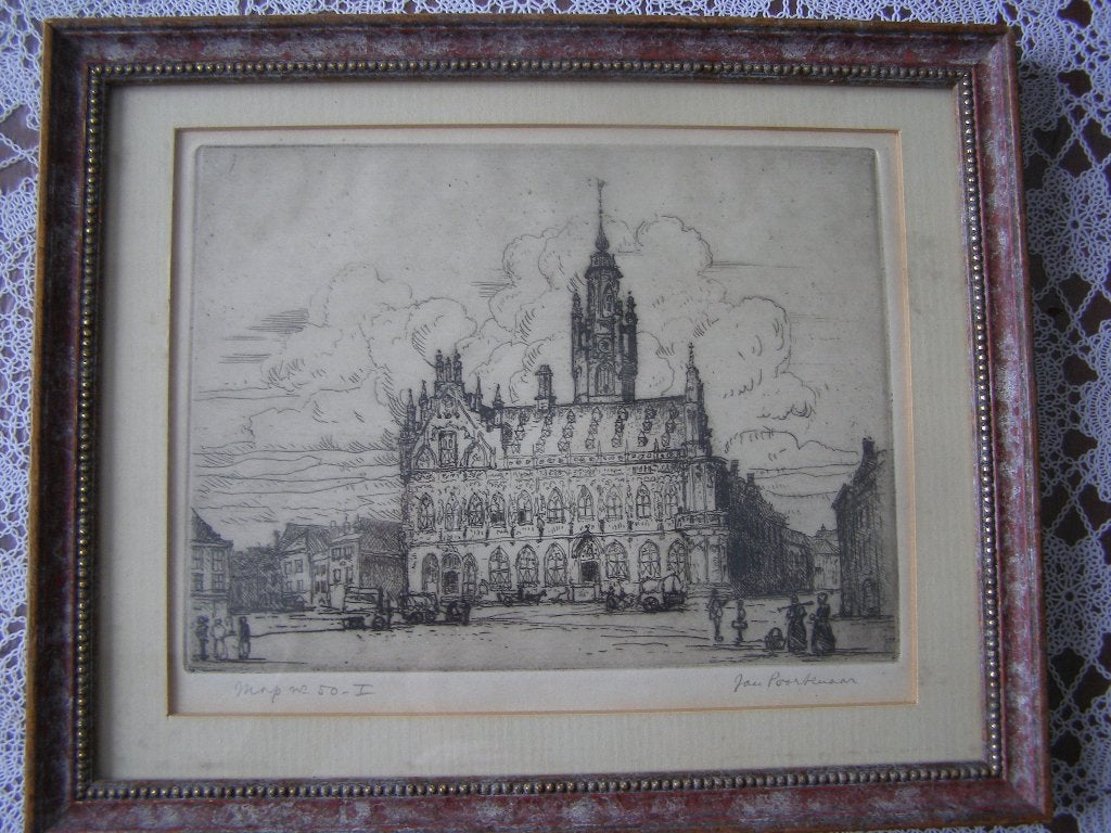 Org. ets Oude Stadhuis Middelburg ingelijst Jan Poortenaar, Antiek en Kunst, Kunst | Etsen en Gravures, 22 cm, Ets, Stadsgezicht